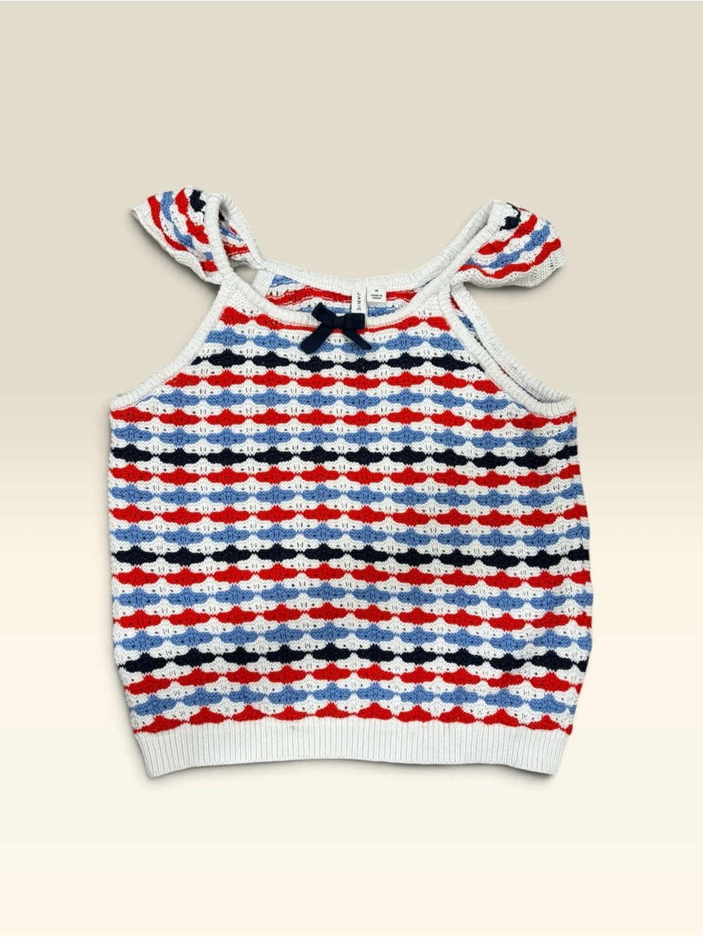 Janie and Jack Brand Red, White & Navy Crochet Cap Sleeve Lined Sweater Sz 14